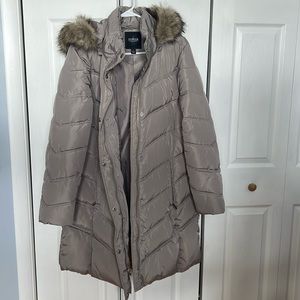Mid-length gray puffer coat with fur trimmed hood